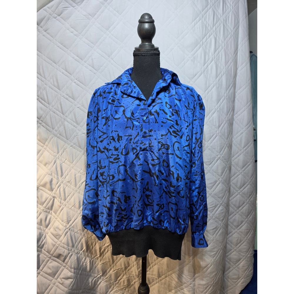 Vintage All Hours Women Blue Black Abstract Print Satin Blouson Blouse Small USA